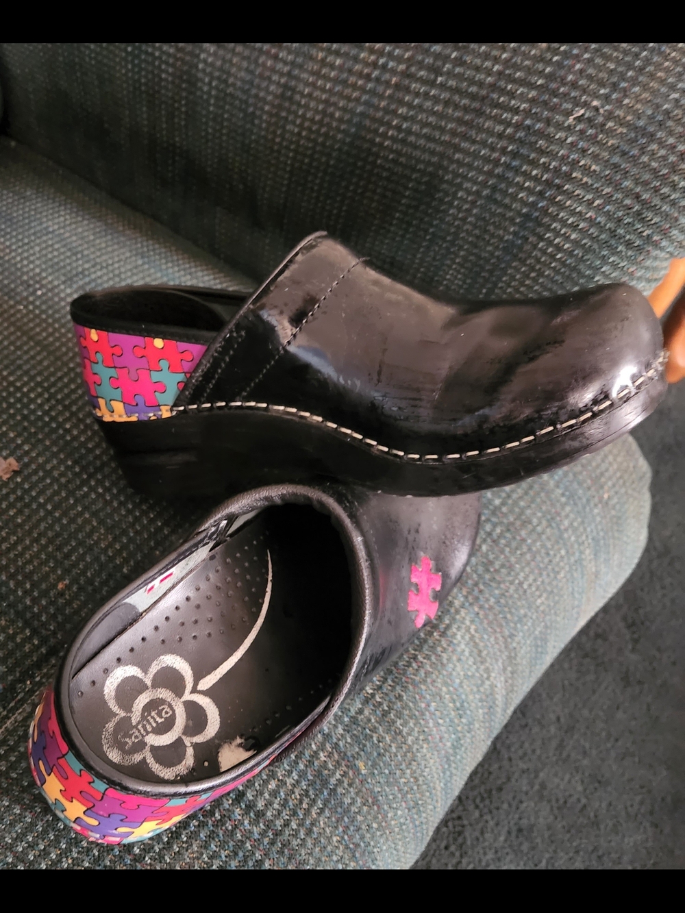 Sanita Black Clog with Multicolor Puzzle Heel and Pink Puzzle Accent